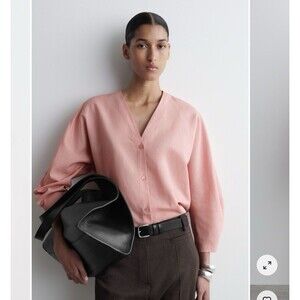 COS Pink Linen V-Neck Blouse Oversized Button Down Shirt Sz S Lagenlook Boxy